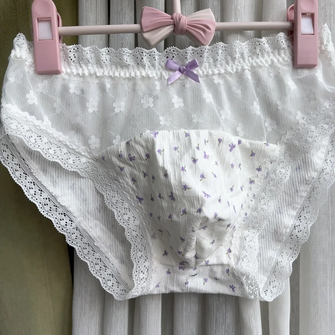 Handmade Man's Purple Flower Lace Cute Design Male  Sheer Graphics Brief BF Panty Harajuku
