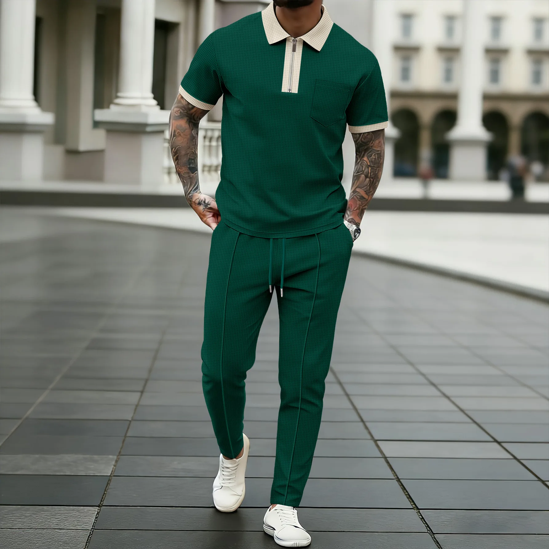 Conjunto de 2 Piezas para Adolescentes: Camiseta Polo Casual de Punto Waffle con Ribete en Contraste y Media Cremallera y Pantalones con Cordón