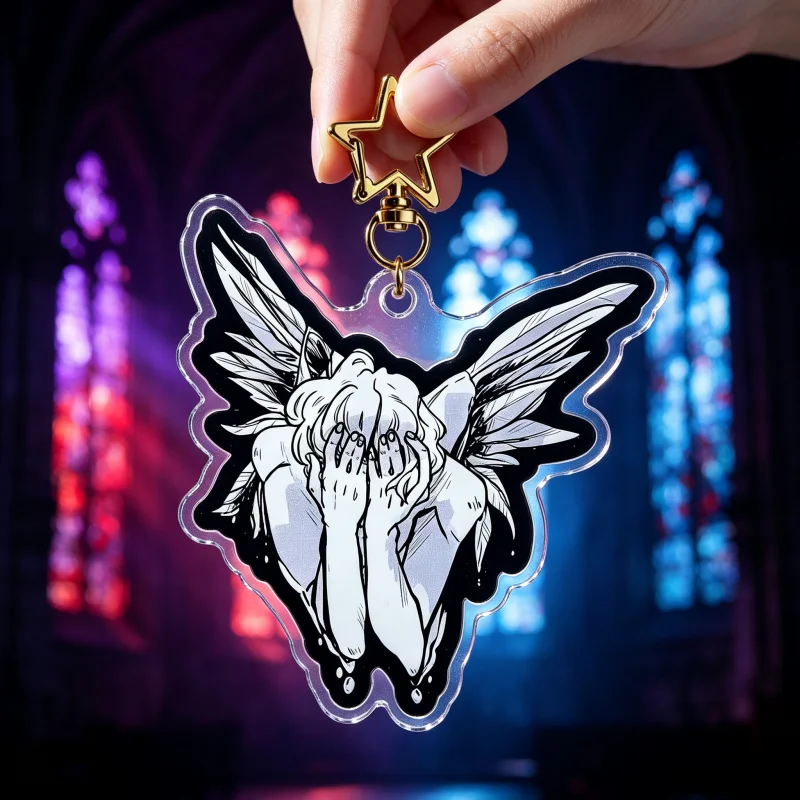 Fallen Angel Acrylic Keychain Gothic Winged Angel Charms With Golden Star Clasp Dark Aesthetic Bag Pendant Goth Accessories Gift