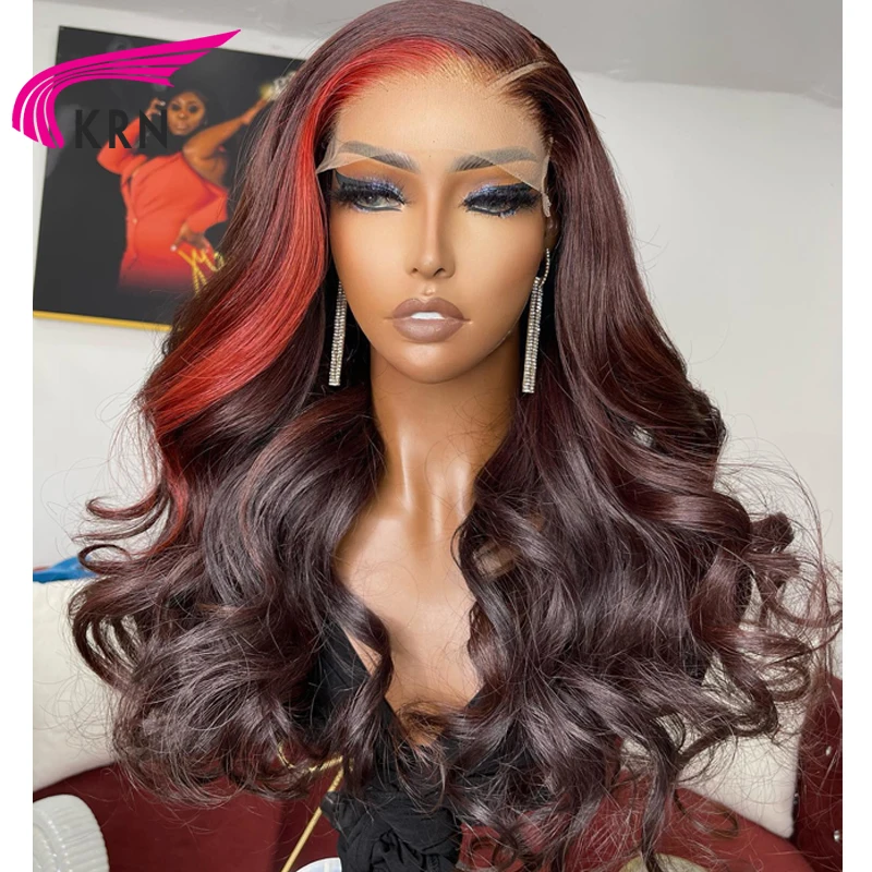 13X4 Lace Front Wigs For Human Women Dark Burgundy Highlight Colored Human Hair Wigs 4X4 Closure Wig Wavy Brazilian Remy Wigs