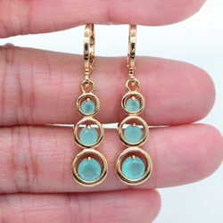 Gold Color Women Fashion Green CZ Zirconia Round Drop Earrings Jewelry