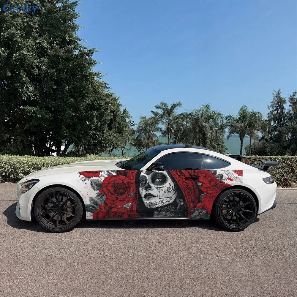 2pcs Red Rose Clustered Undead Maiden Car Side Wraps, Self-Adhesive PVC Waterproof & Scratch-Resistant Stickers