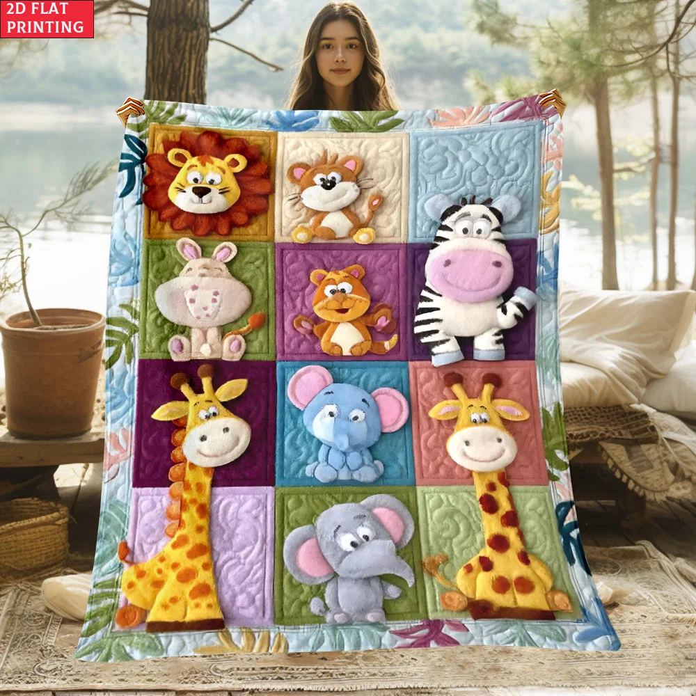 1pc Animal Pattern Blocks 2D Flat Printed Outdoor Blanket - Lightweight Flannel Suitable for Camping, Picnic, Hiking, Tourism, A