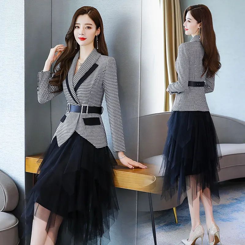 New Korean Plaid Belt Blazer Suit Jacket High Elastic Waist Mesh Asymmetrical Pleated Mid Skirt Set Two Piece Female Spring Fall