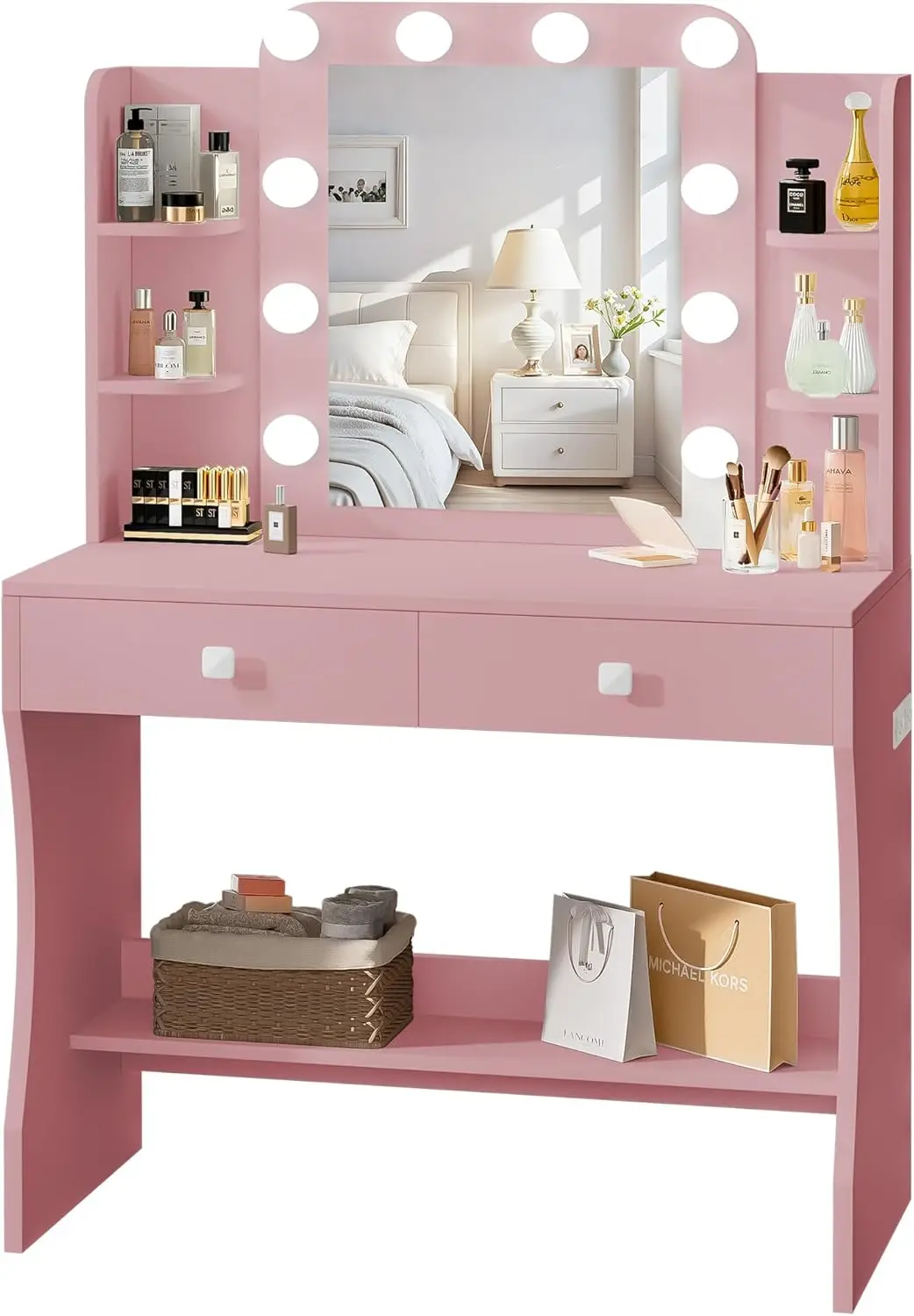 Makeup Vanity Desk With Mirror, Small Vanity With Power Outlet, Vanity Desk With 3 Lighting Modes & 10 Led Bulbs- Pink