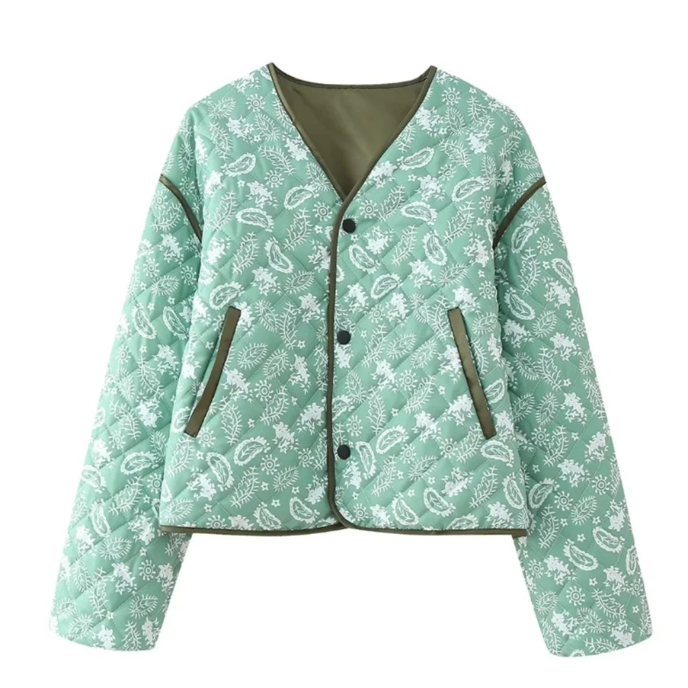 Veste matelassurera à col rond pour femme, manteau bouffant avec poche, veste imprimée rose Chester, poignets élastiques, extérieur, automne, hiver, nouveau, 2024