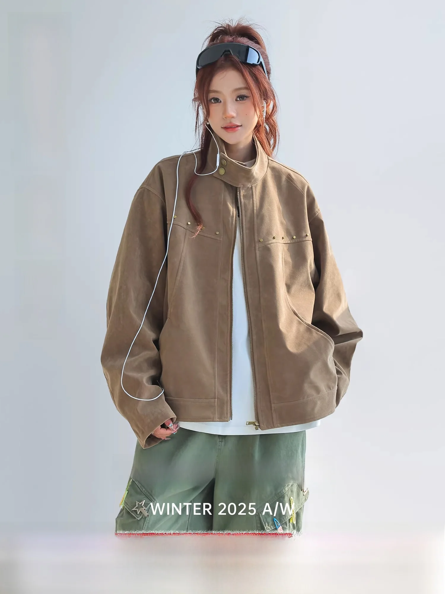 

Retro American Barn Sle Rivet Stand Collar Jaet Women's Loose Casual Jaet Chant2nd Polyester Fiber Long Sve Zipper