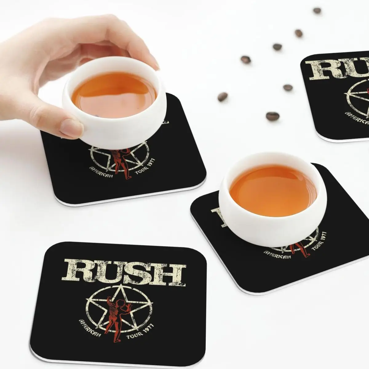 

Rush Band Coasters Leather Placemats Waterproof Insulation Coffee Mats For Home Kitchen Dining Pads Set of 4
