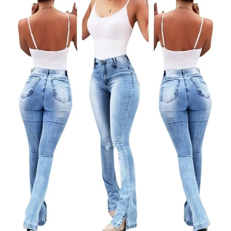 Hoge taille Dames Faionable Elastic Slit Bell Bot Jeans Lente 2025, grensoverschrijdend hoog elastisch katoen-polyestermix