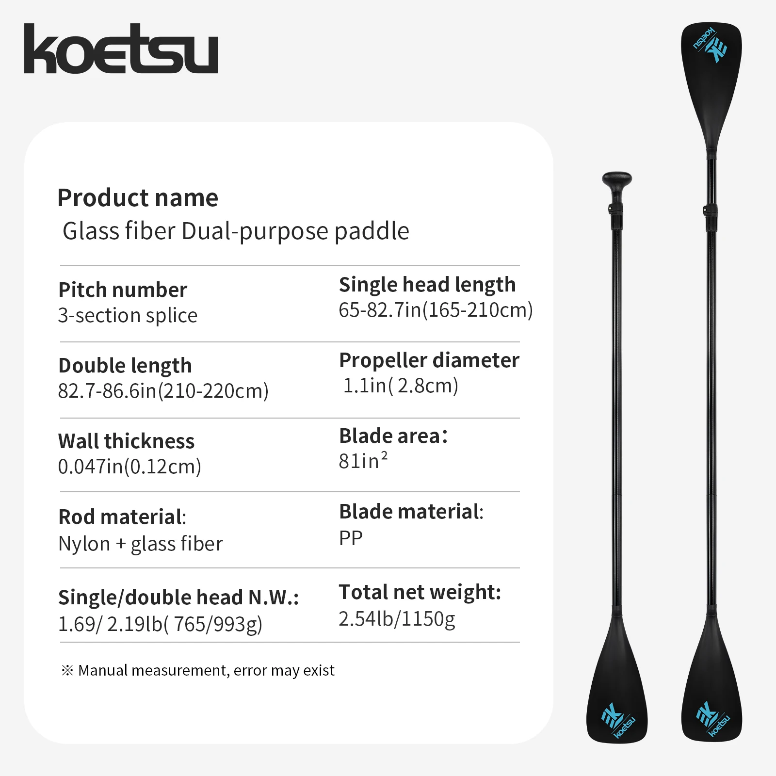 KOETSU SUP FIBERGLASS TWO WAY  PADDLE -3 ADJUSTABLE FIBERGLASS PADDLES WITH NYLON BLADES, SUITABLE FOR WATER SPORTS view 4