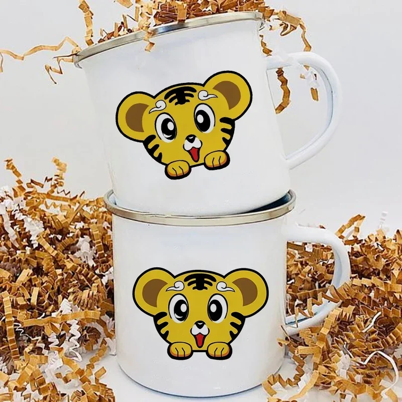 Enamel Mugs Cute Cartoon Tiger Print Creative Kids Water Cups Drinks Dessert Breakfast Milk Cup Handle Drinkware Birthday Gifts