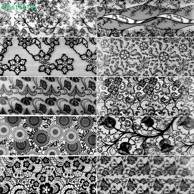 10 Stücke Weiß Schwarz Spitze Nail art Folien Set Top Floral CharmNail Transfer Aufkleber Papier DIY Maniküre Nagel Dekoration Zubehör