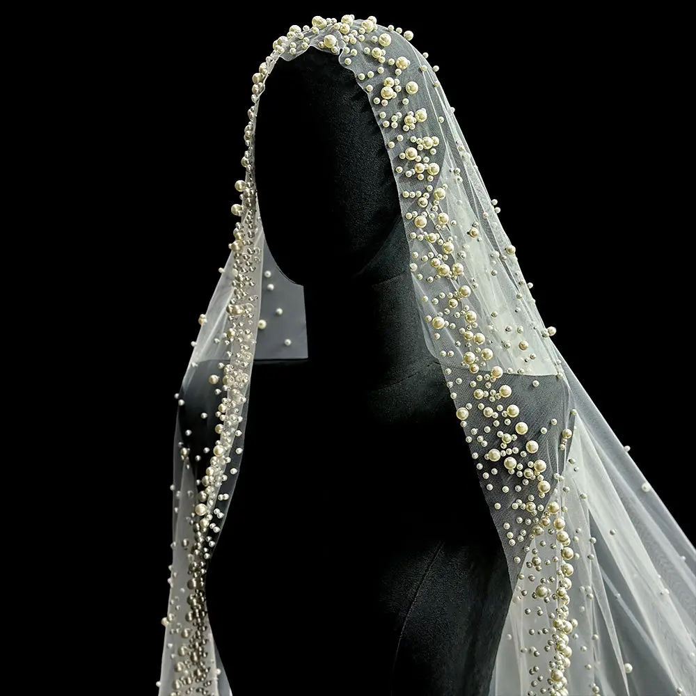 Fairy Pearls Long Wedding Veil with Comb 1.5*1.8m Long Bridal Veils Soft Tulle Fancy Bridal Veils