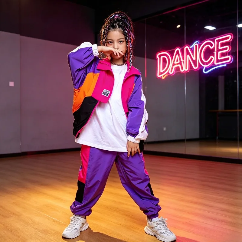 Boys Hip Hop Contrast Jacket Girls Jazz Joggers Clothes Set Kids Street Dance Patchwork Coat Sweatpants Child Costume Streetwear