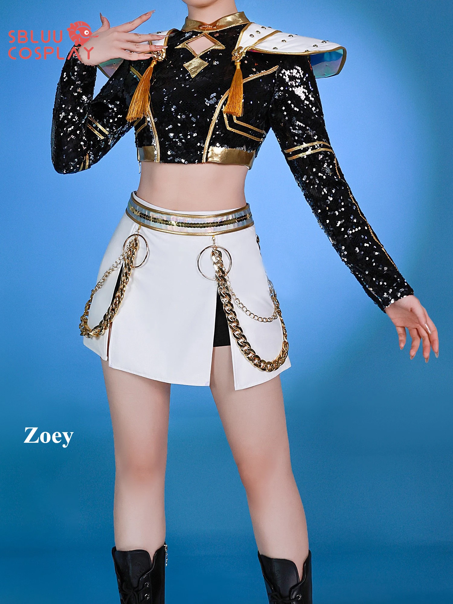 SBluuCosplay في المخزون Kpop Huntrix Zoey Mira Rumi تأثيري شيطان الصيادين تأثيري حلي شعر مستعار المرأة الأسود الذهبي البدلة هالوين