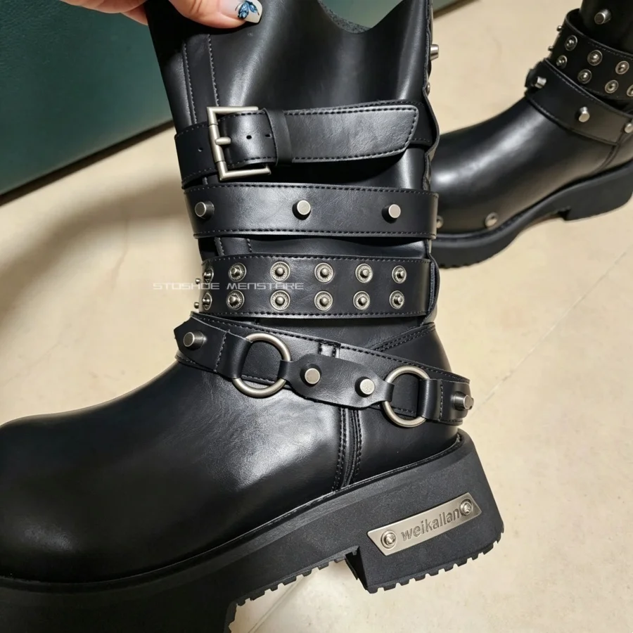 Big Round Toe Gothic Punk Black Motorcycle Boots for Men Vintage Rivet Buckle Strap Mid Boots Thick Sole Chunky Heel Combat Boot