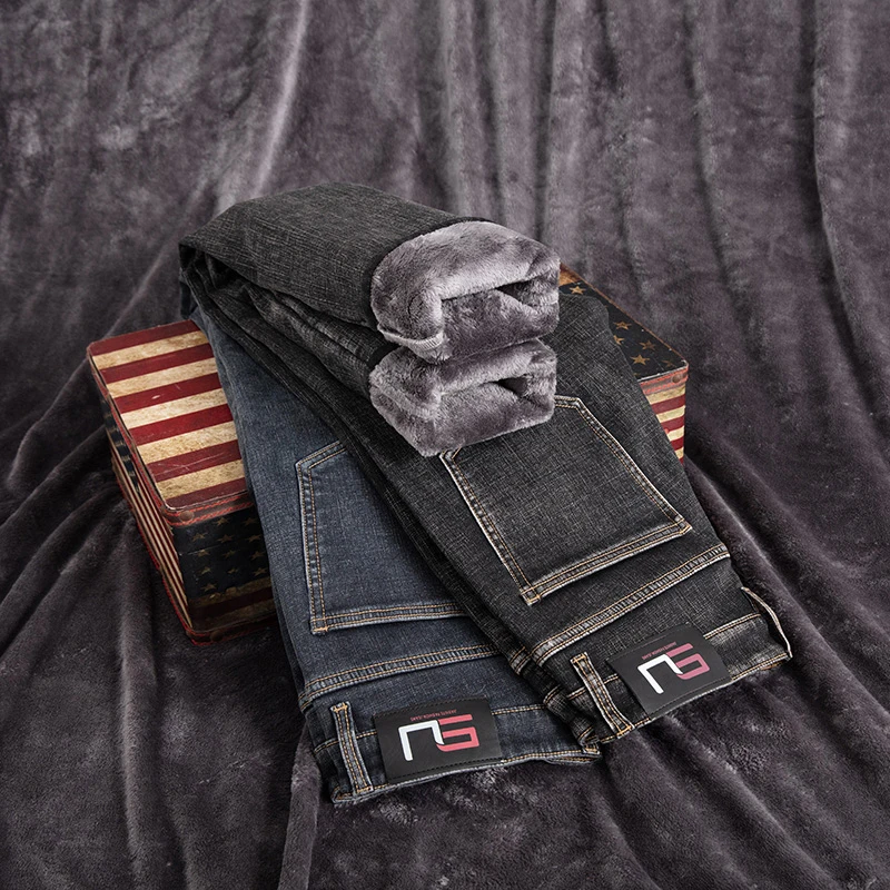 

Winter Men's Fleece Warm Blue Grey Jeans Business Casual Stretch Fabrics Regular Fit Denim Pants Male Brand Thickened Trousers