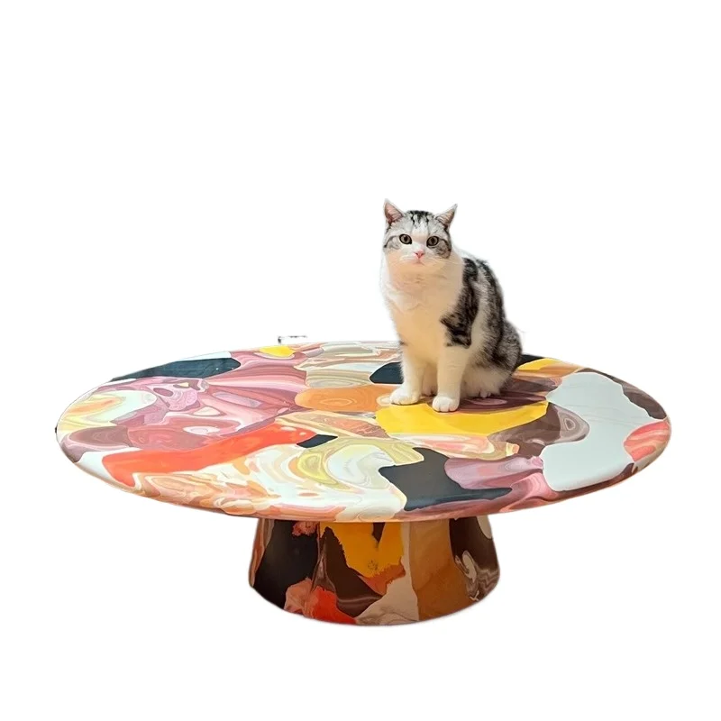 

Medieval creative light luxury painted solid wood living room hand painted oil painting round coffee table