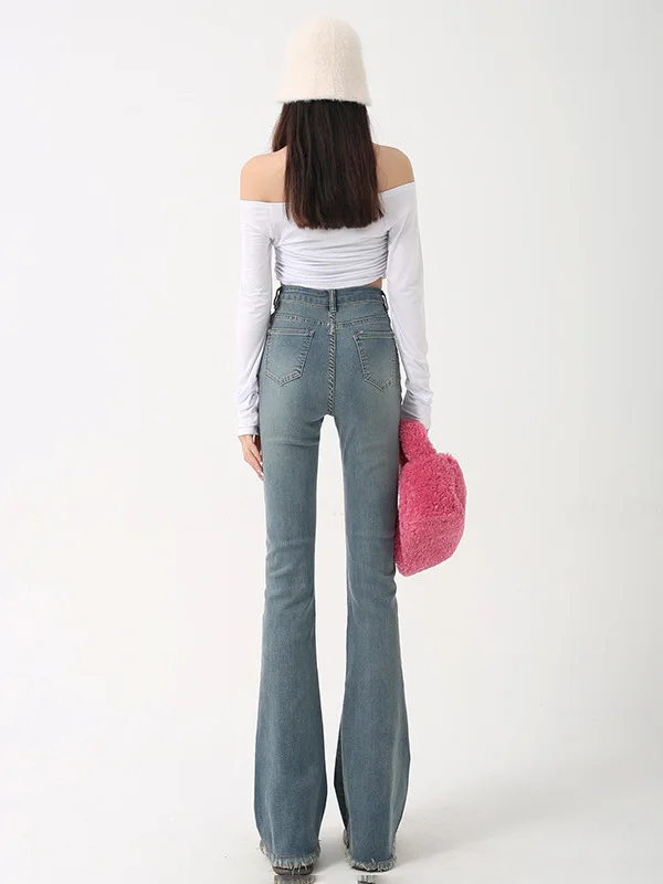 

High Waist Slim Fit Micro Flare Jeans Women's Spring New Sle Cleanfit PU Leather Bla Color mid Stretch No Brand