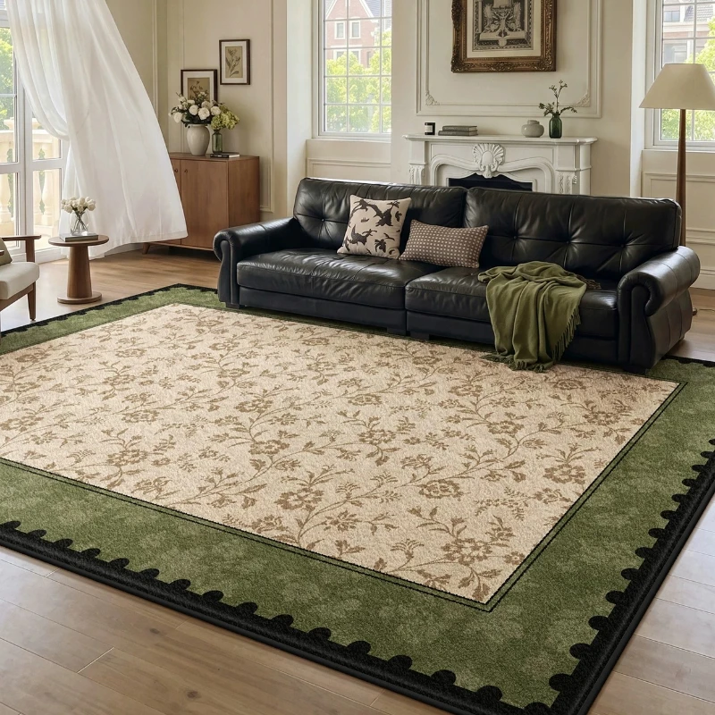 Retro Style Carpets for Living Room Light Luxury Bedroom Decor Carpet French Floral Bedside Plush Rug Green Home Thick Floor Mat
