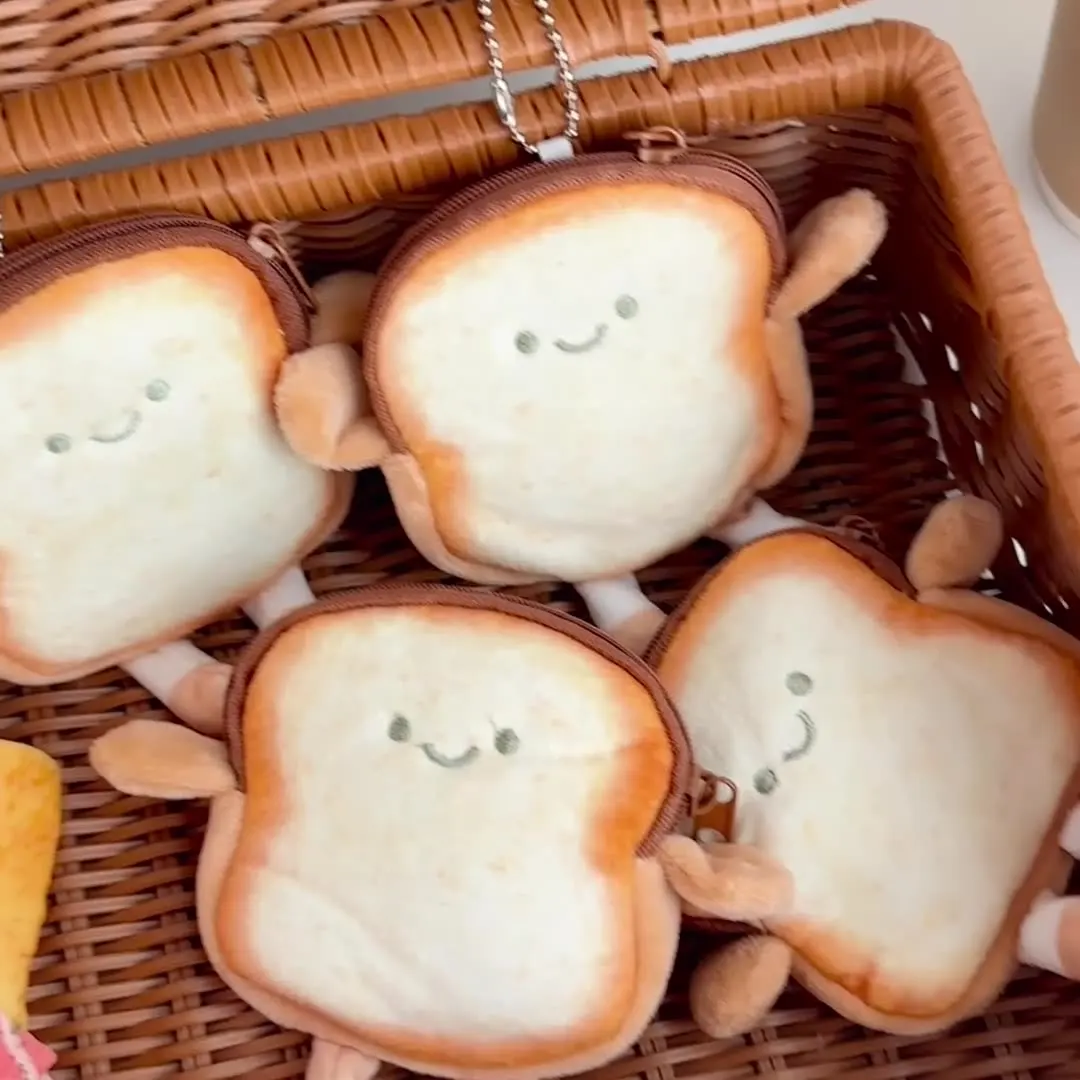 

1/8PCS Cute Cartoon Toast Coin Purse Creative Plush Keychain Coin Holder, Earphone Organizer Key & Card Pouch