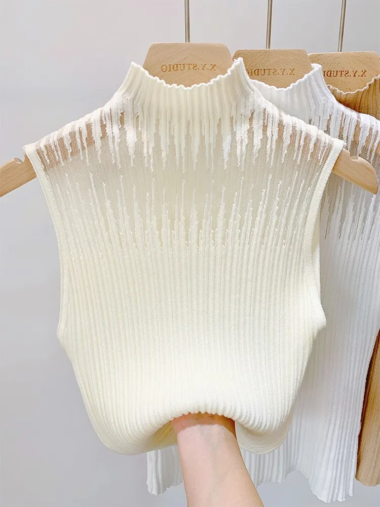 Lace Sleeveless Vest Women's Autumn Winter Half High Collar Fake Collar Top White Base Shirt Knitted Sweater Inner Wear