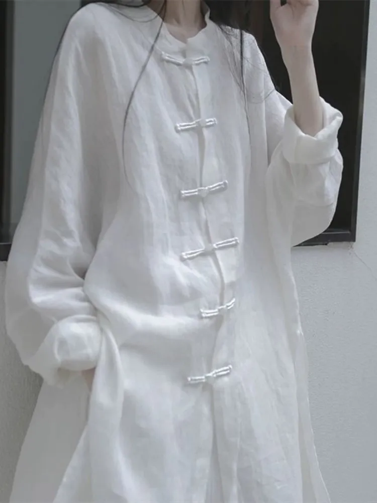 

Large Size Chinese Sle irt Collar Long Sve Mid-Length Women's Summer Cotton Polyester Blend Tea Ceremony Clothing