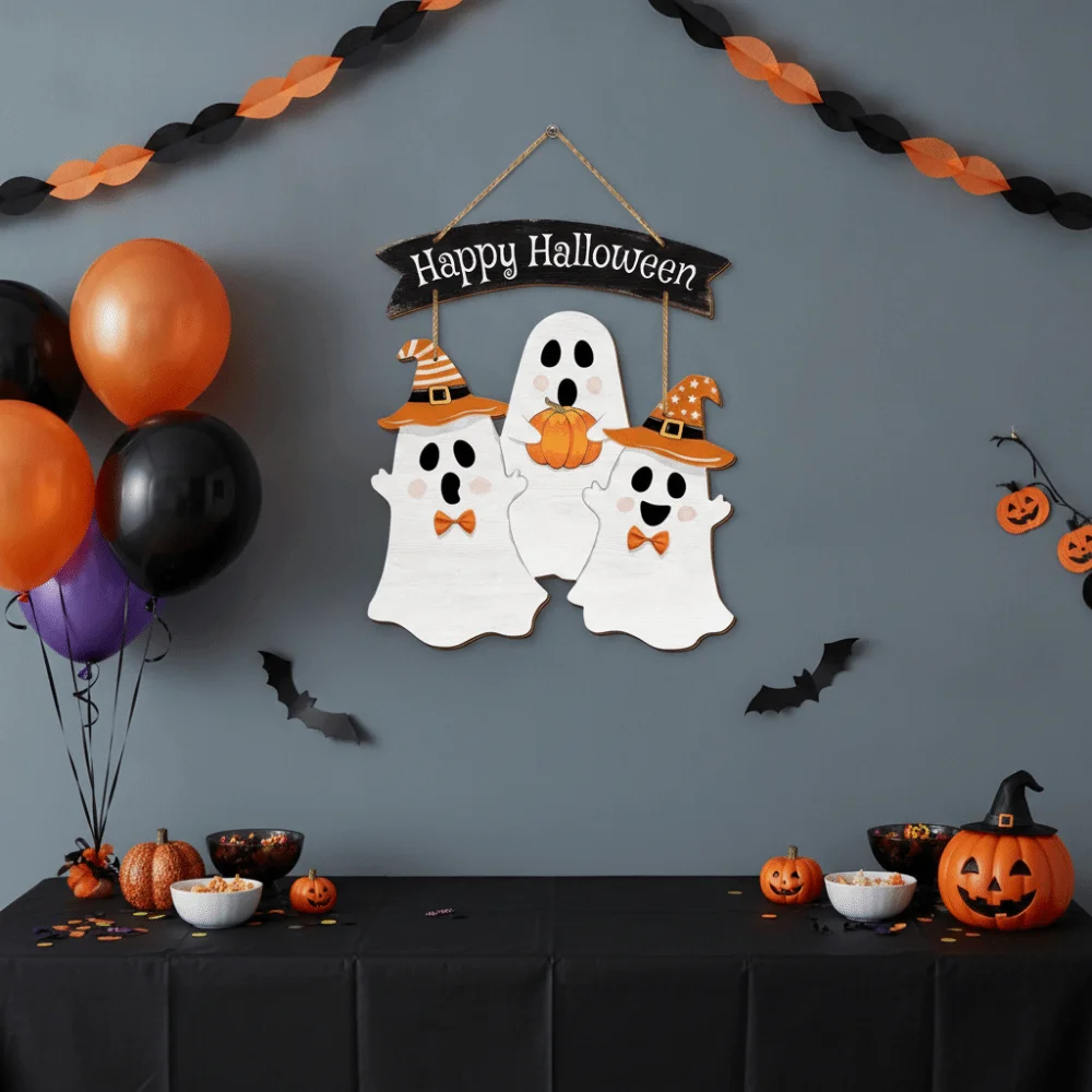 Wooden Halloween Ghost Door Sign 2D Flat Cartoon Haunted House Hanging Door Plate with Lanyard Halloween Pumpkin Welcome Sign