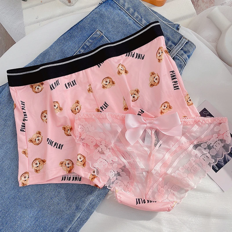 Trendy Two Piece Set New Couple Matching Underwear for One Man and One Woman Lace Sexy Brief Boy Boxer Shorts Cute Underpants