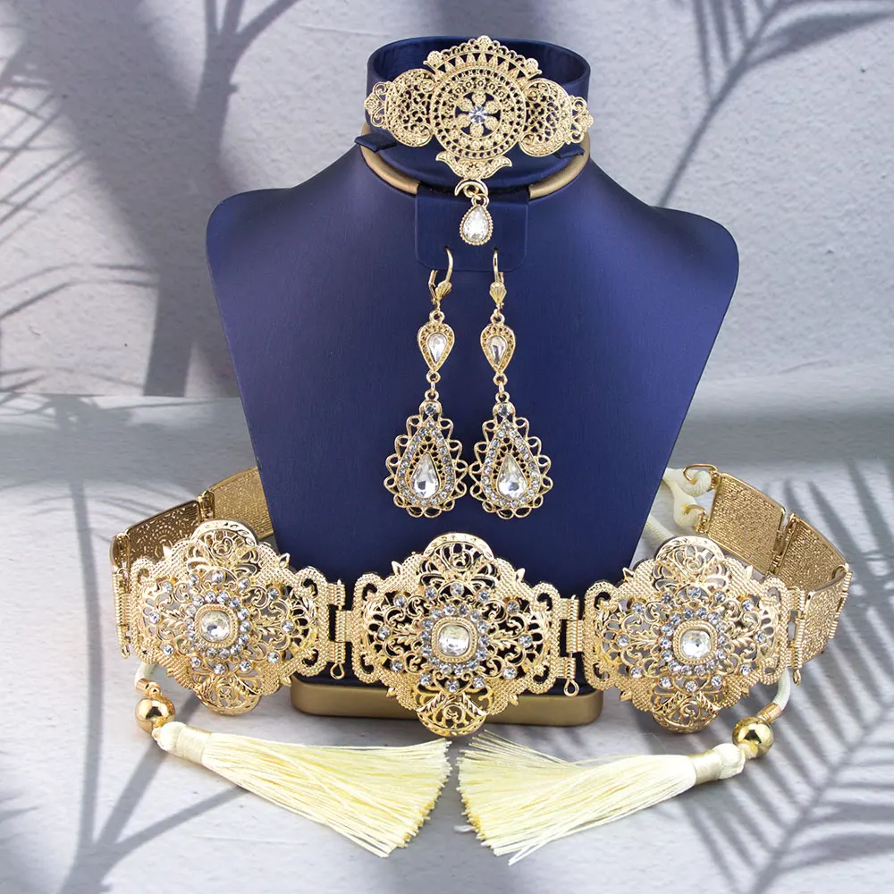 เข็มขัดแต่งงานคริสตัลแบบยาวประดับคริสตัลสำหรับเจ้าสาว  งานแต่งงาน  ปีใหม่  เครื่องประดับเชือกคล้องมือ  สายคาดเอว  ต่างหูยาว  เข็มกลัดสไตล์ชาติพันธุ์  ซันสปิคส์เมส  แอลจีเรีย  โมร็อกโก