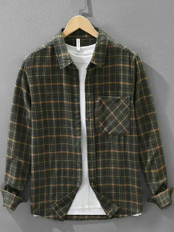 

Retro Long Sve Men's irt Casual Plaid Loose Top Autumn Winter Turn-down Collar Faionable All-round Artistic Outerwear