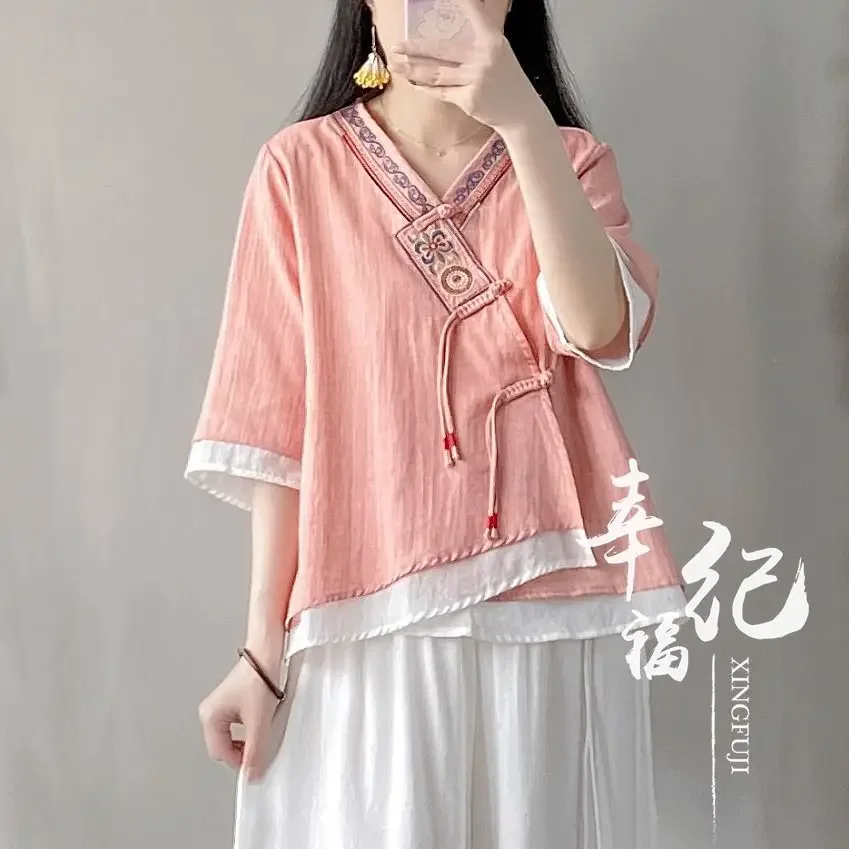 زر الموضة المطرزة نمط العرقية قميص قصير الأكمام فضفاضة القطن الكتان الرجعية الملابس الصينية التقليدية للنساء