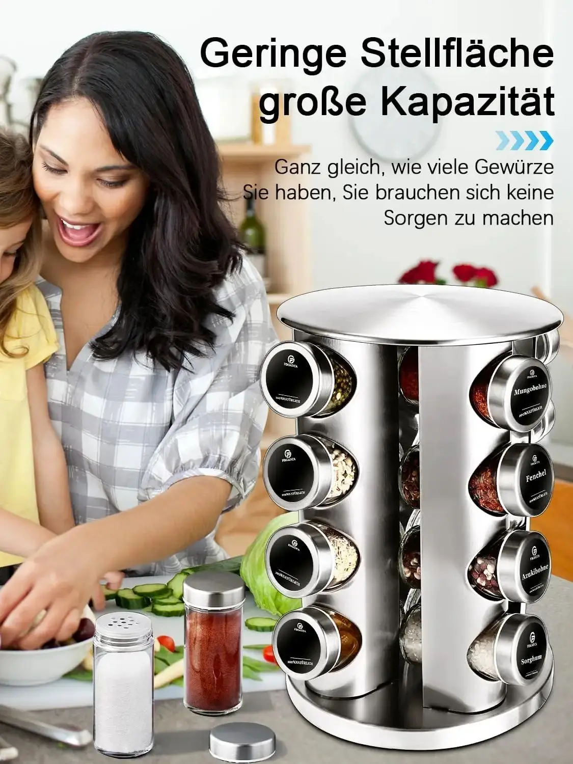 Rotierender Gewürzregal 360° °   - 4-stufiger Organizer mit 16 Gewürzgläsern (100 ml) und deutschen Etiketten – Küchenregal