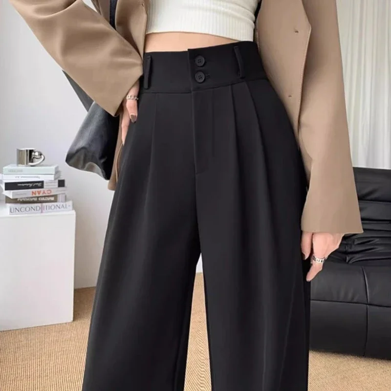 Elegante calças de perna larga feminina estilo coreano cintura alta preto calças largas escritório senhoras moda terno solto streetwear 2024