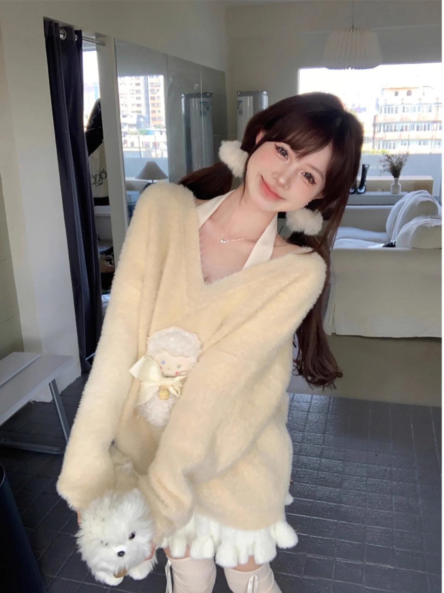 

Мягкий вязаный свитер с v-образным вырезом и узлом, женский зимний новый свободный верх из норки, бархатная трикотажная одежда, осень-зима