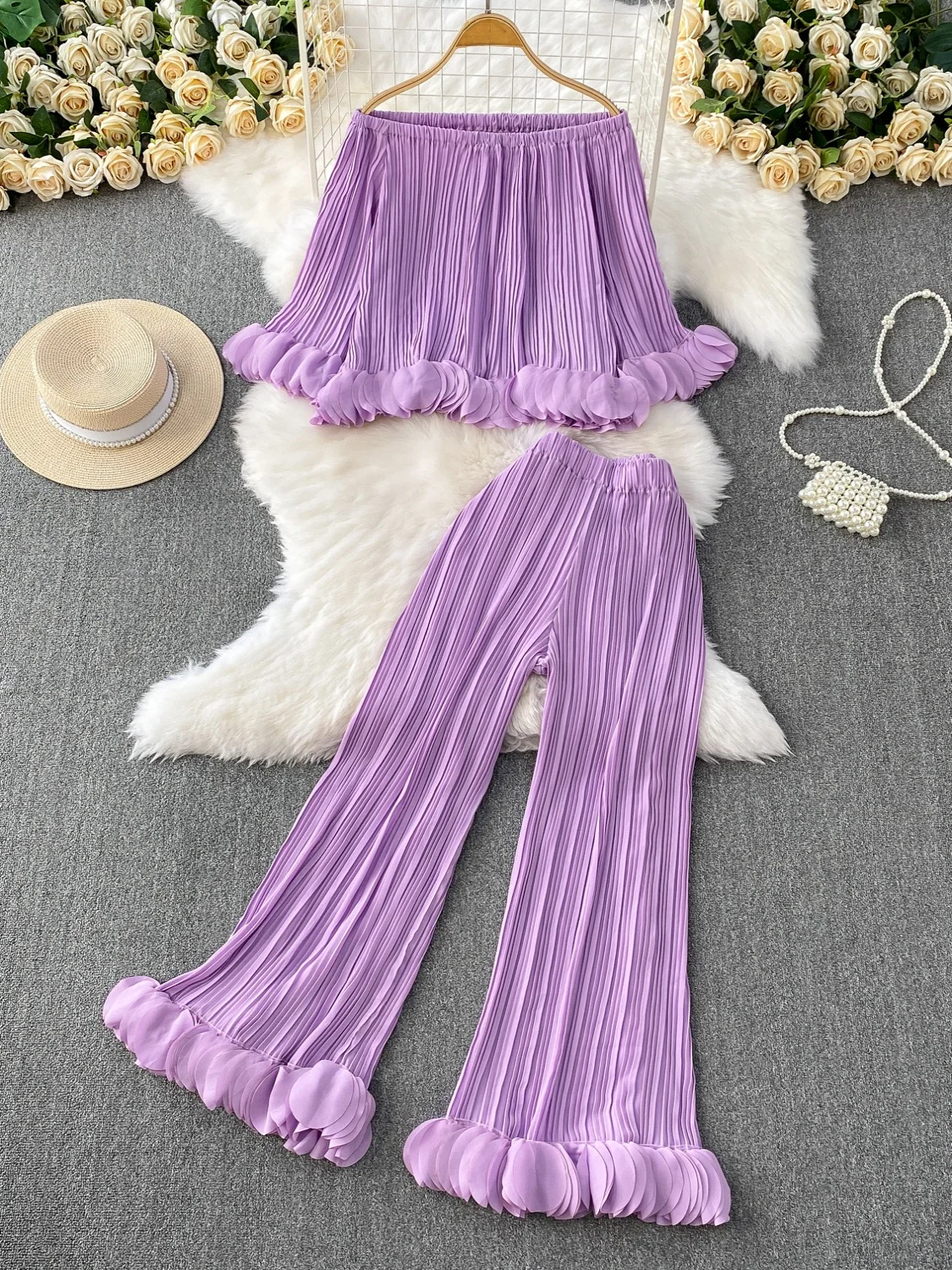

3D Petal oulder One oulder Flared Sve ort Top High Waist Slimming Pleated Wide Leg Pants Two Piece Set Women's Faion