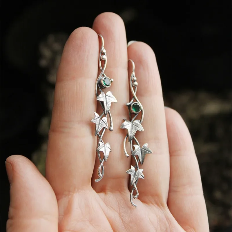 Vintage Ivy Elven Leaf Earrings For Women Silver Color Metal Crystal Earrings Female Fashion Custom Jewelry