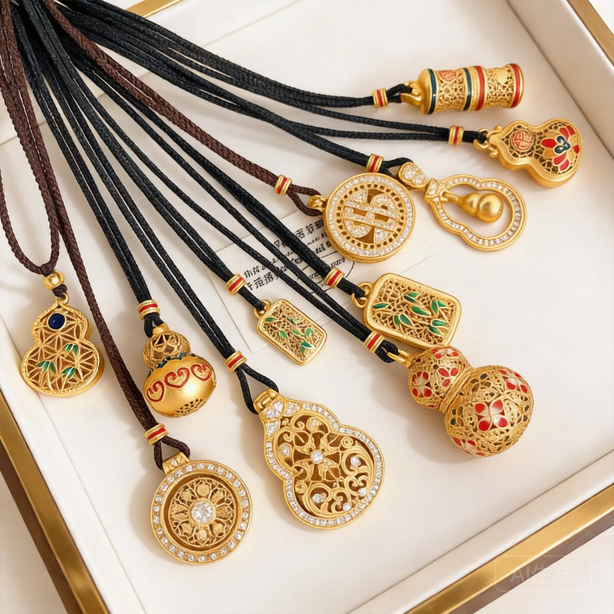 Vintage Chinese Style Auspicious Eight Treasures Compass Gourd Necklace Fade Resistant Gold Plated Rotatable Cz Inlaid Lucky Ble