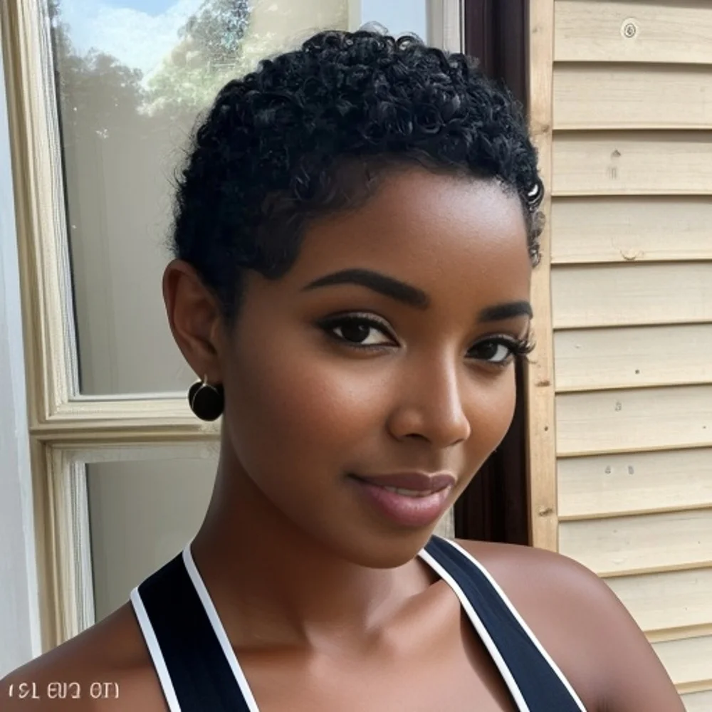 Wig Pixie Cut Pendek Berlapis Keriting Buatan Mesin Penuh Dengan Poni Warna Hitam Alami untuk Penggunaan Sehari-hari