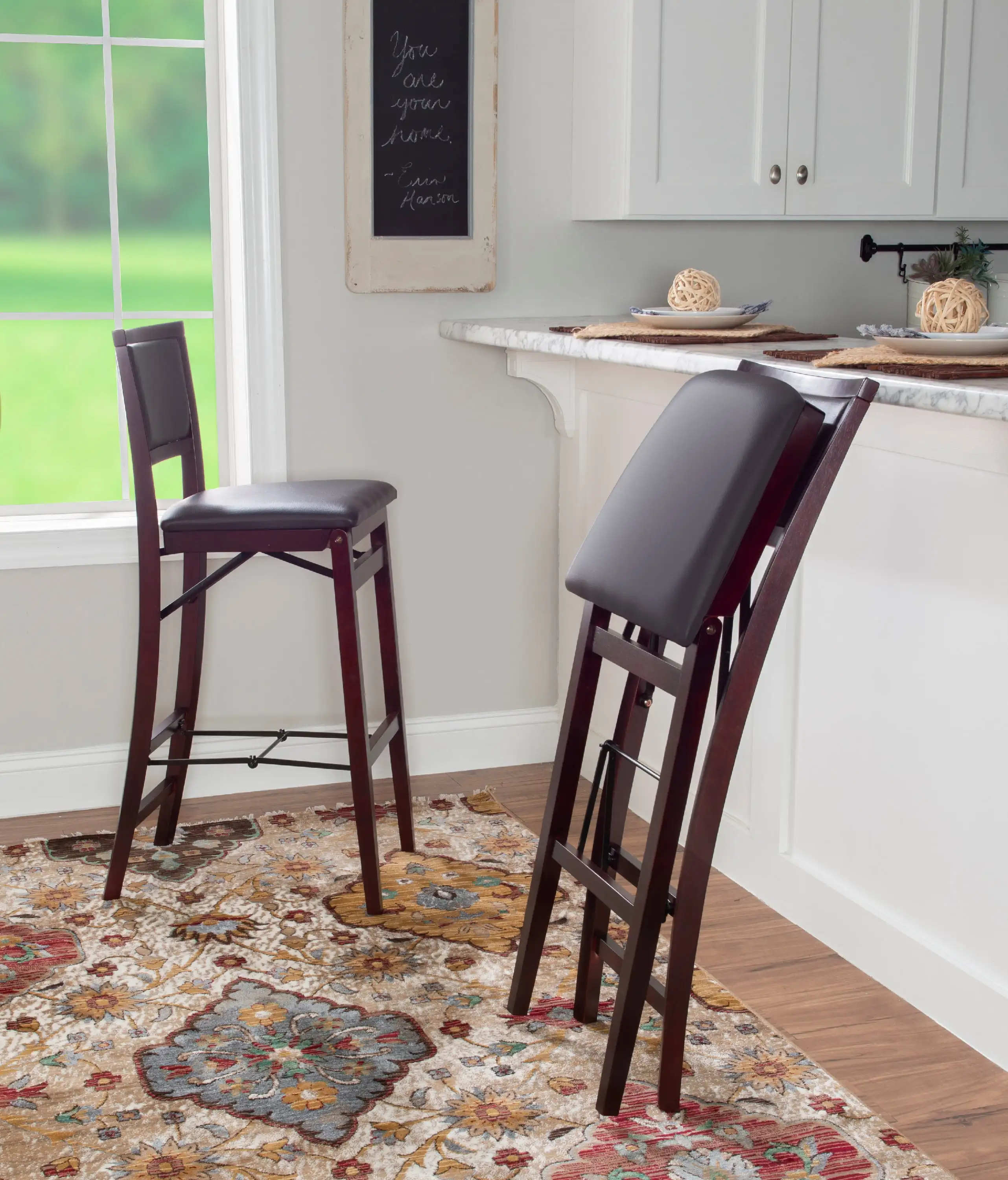 

30" Folding Mid Back Bar Stool, Merlot/Dark Brown Faux Leather