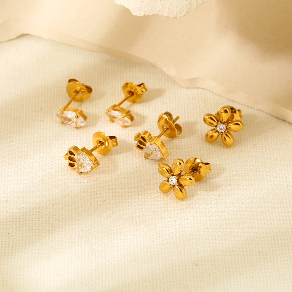 Dainty Women Earrings Jewelry Hypoallergenic 18K Gold Plated Stainless Steel Cubic Zirconia Flower Crown Eye Stud Earrings Set