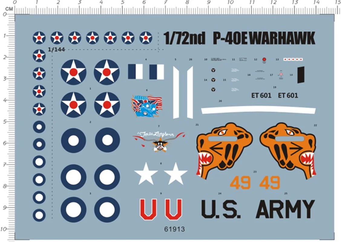 1/72 Scale Curtiss P-40 Fighter P-40E Warhawk Aircraft Model Decal 61913