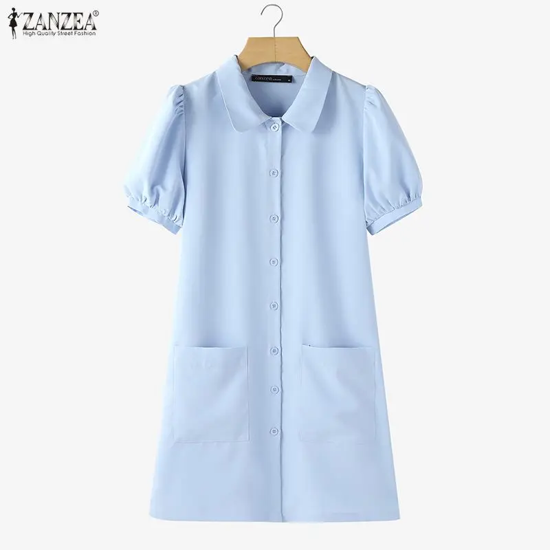 

Платье ZANZEA Sweet Woman длиной до колена, корейская мода, короткие пышные рукава, на пуговицах, свободного кроя, А-силуэт, с отложным воротником, женское платье-рубашка