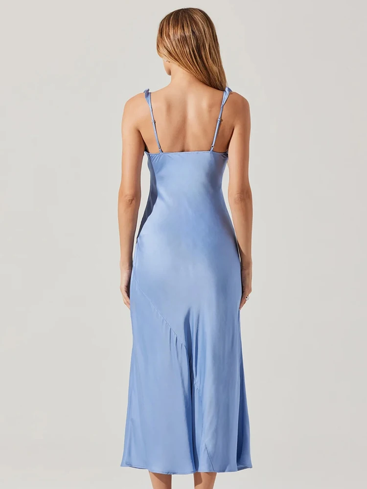 VC – robe mi-longue en Satin, romantique, Orange et bleu, sans manches, avec encolure à volants, pour robe de soirée dans le jardin, été