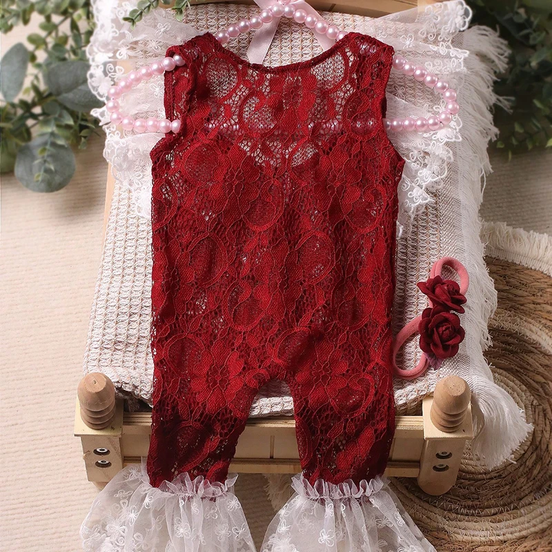 Ylsteed Newborn Lace Jumpsuit with Headband Baby Girl Photography Outfits Newborn Photo Shooting Clothes