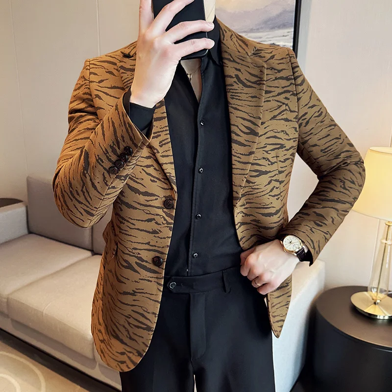 Fashion Leopard Print Design Blazers Coat Men Slim Fit Casual Business Suit Jackets High Quality Social Party Blazers Dress