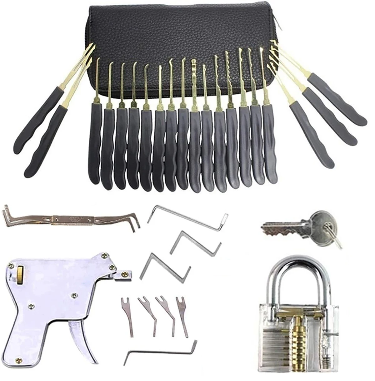 Lock Pick Set with Transparent Training Locks,  Pick Gun Set for Beginner and Pro Locksmiths