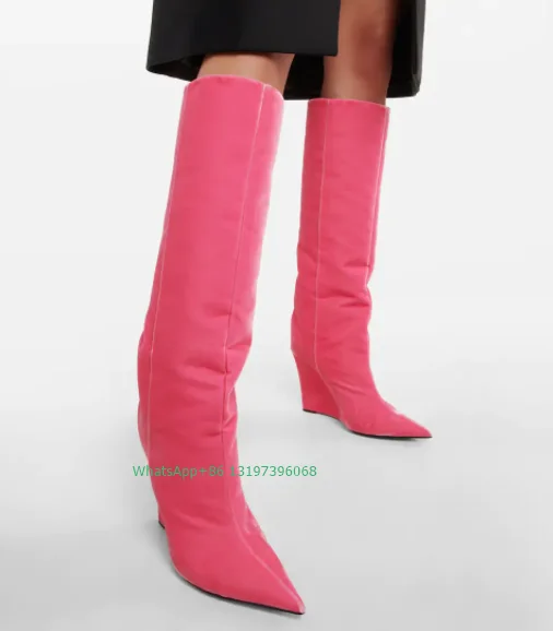 Lady Candy Pink Suede Design Knee Wedge Boots Elegant Brilliant Pink Elegant Boots Fall Winter Dress Causal Party Daily Boots 46