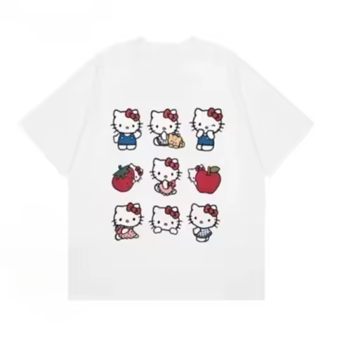 Soft and Cute Hello Kitty 9-grid Printed Children's T-shirt Loose Casual Parent-child Short Sleeved Summer New Item 2026