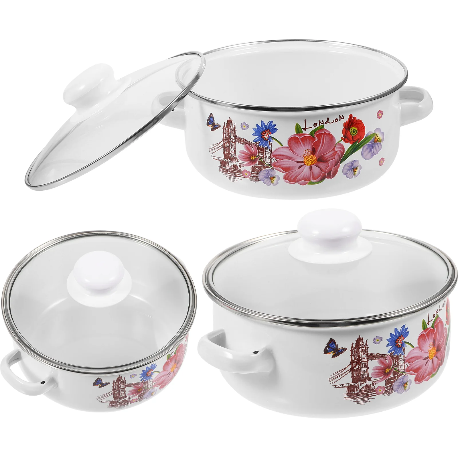 

3 Pcs Portable Cooking Stove Stew Pot Three Piece Suit Enamel Delicate Soup Stockpot